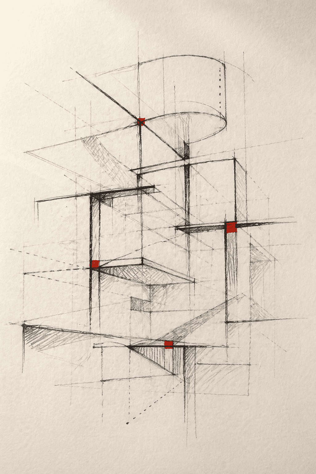 Composição arquitetônica abstrata representando estruturação de plano.